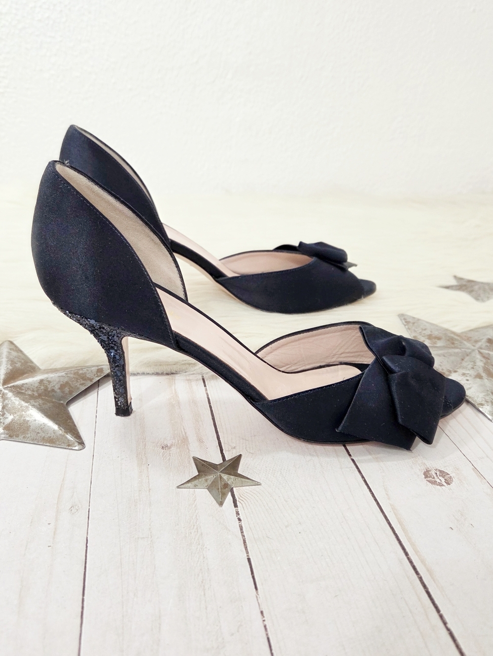 Kate Spade Sala d'orsay pumps navy blue satin glitter bow women's Size 8.5 - Picture 4 of 8